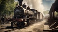 Steam engine locomotive train arrived at vintage station. Generative AI