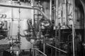 Steam engine room in Liberty Ship in blackand white