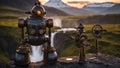 steam engine Steam punk sunrise on a waterfall of steam, with a landscape of metal pipes and gears, with a robot