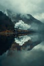A steam engine train driving along the lake in the valley with its reflection on the water Royalty Free Stock Photo