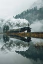A steam engine train driving along the lake in the valley with its reflection on the water Royalty Free Stock Photo