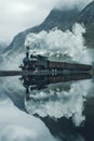 A steam engine train driving along the lake in the valley with its reflection on the water