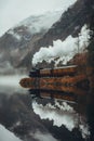 A steam engine train driving along the lake in the valley with its reflection on the water