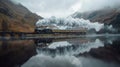 A steam engine train driving along the lake in the valley with its reflection on the water