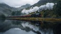 A steam engine train driving along the lake in the valley with its reflection on the water Royalty Free Stock Photo