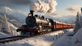 A steam engine train traveling through snow covered mountains. Royalty Free Stock Photo