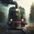 A Steam Engine Train Travels Through A Dense, Foggy Pine Forest