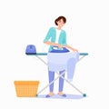 Steam generator. Woman irons a shirt on an ironing board.