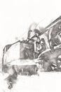 Steam locomotive detail with cranks and wheels, art, illustration, drawing, sketch, antique, retro, vintage.