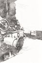 Steam locomotive detail with cranks and wheels, art, illustration, drawing, sketch, antique, retro, vintage.