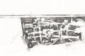 Steam locomotive detail with cranks and wheels, art, illustration, drawing, sketch, antique, retro, vintage.