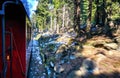 Steam locomotive drives through the mountains with snow in the forest in winter. Dynamics through motion blur