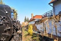 Steam locomotive drives through a residential area in Wernigerode. Dynamic due to motion blur