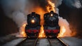 steam locomotive in the fire, An on fire steam train burning and exploding with fire,