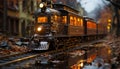 Steam locomotive illuminates old railroad station platform in city dusk generated by AI