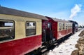 Steam locomotive with passenger wagons in winter on the Brocken in the Harz Mountains with snow. Germany Royalty Free Stock Photo