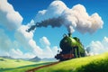 a steam locomotive puffing smoke into the air, surrounded by green fields and blue skies