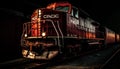 Steam locomotive speeds through illuminated railroad station platform generative AI Royalty Free Stock Photo
