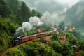 A steam locomotive traversing a mountain village. Generative AI Royalty Free Stock Photo