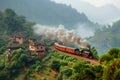 A steam locomotive traversing a mountain village. Generative AI Royalty Free Stock Photo