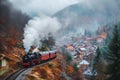A steam locomotive traversing a mountain village. Generative AI Royalty Free Stock Photo