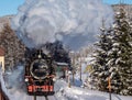 Steam locomotive in a winter landscape Royalty Free Stock Photo