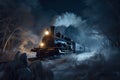 Steam locomotive winter night. Generate Ai Royalty Free Stock Photo