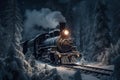 Steam locomotive winter smoke. Generate Ai