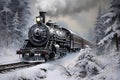 Steam locomotive winter smoke. Generate Ai Royalty Free Stock Photo