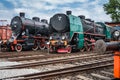 Steam locomotives in the old trains depot Royalty Free Stock Photo