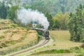 Steam narrow gauge retro train moves.