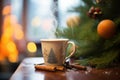 steam over cocoa cup, pine branches in background