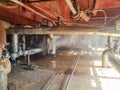 Steam from the pipe. under pressure in production. factory breakdown. gas leak. Leakage of steam in heat pipeline interior