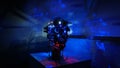 Steam punk metal robot head with blue background wide image