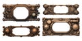 Steam-punk bronze metal frames. Vintage brass frameworks isolated, retro metallic brassy carcass set on white
