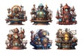 Steam-punk complex machines with coggears and lamplights. Retro engines, vintage mechanism set colour illustration on Royalty Free Stock Photo