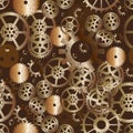 Seamless repeat vector pattern of steampunk gear wheels colored gradient brass on brown rust background