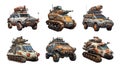 Steam-punk military CUV vehicles in cartoon color sketch style. Wheeled and tracked SUV cars with lighting equipment and