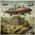 Steam-punk retro fantasy, a giant dirigible in a surreal landscape