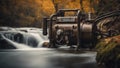 Steam punk waterfall of energy, with a landscape of metal pipes and wires, with a Waterfall in autumn