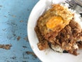 Steam rice with fried egg and stir-fried pork with garlic Royalty Free Stock Photo