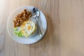 Steam rice with fried egg and stir-fried pork with garlic Royalty Free Stock Photo