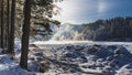 Steam rises over a thawed section of a frozen river.