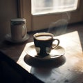 Steam rising from freshly prepared coffee in cup on table at home.