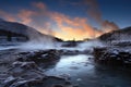 steam rising from a geothermal hot spring during winter Royalty Free Stock Photo