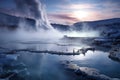 steam rising from a geothermal hot spring during winter Royalty Free Stock Photo