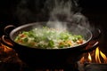 steam rising from a hot pot of cooked risotto