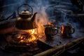 steam rising from a kettle of chai tea over a roaring campfire