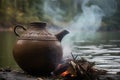 steam rising from mate tea gourd by warm campfire