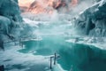 steam rising from a vibrant turquoise thermal pool in icy landscape